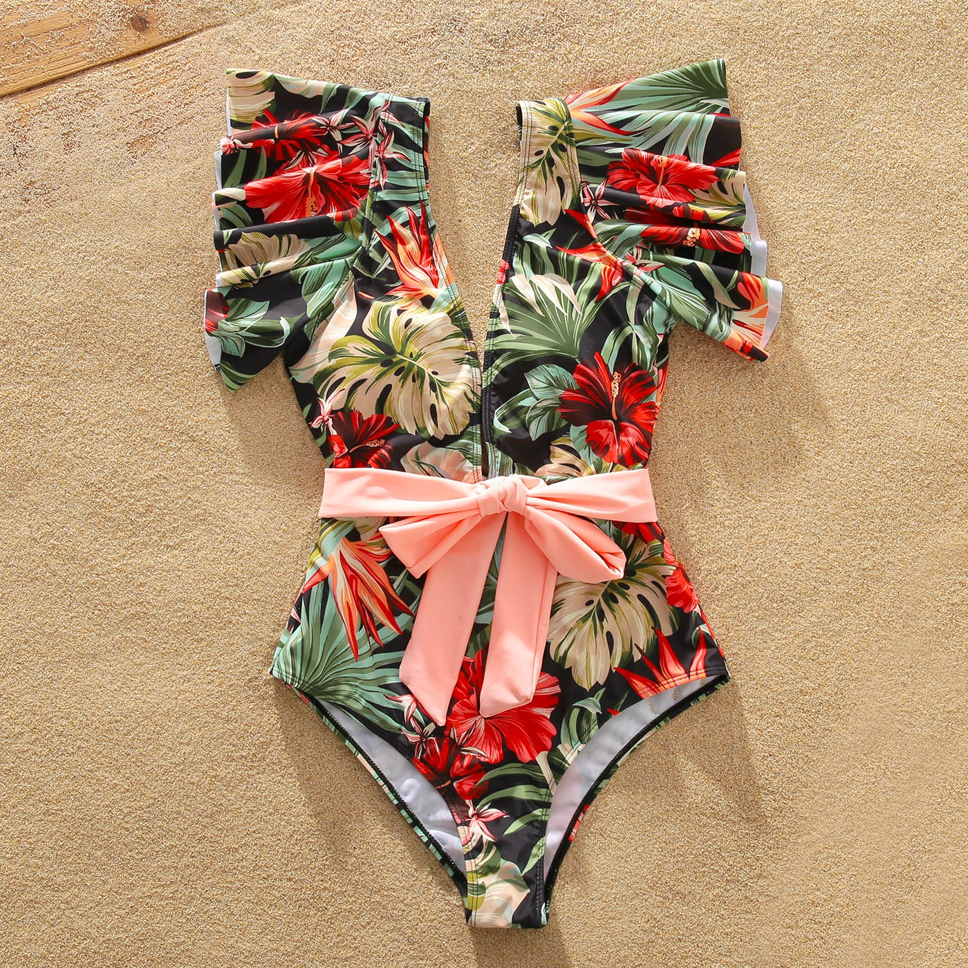 Family Matching! Floral Swim Trunks and Ruffle Belted One Piece Swimsuit