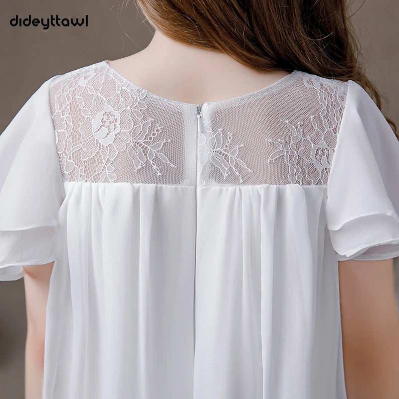 Dideyttawl White Chiffon First Communion Dress Butterfly Sleeves Tea-Length Flower Girl Dress Junior Bridesmaid Gown