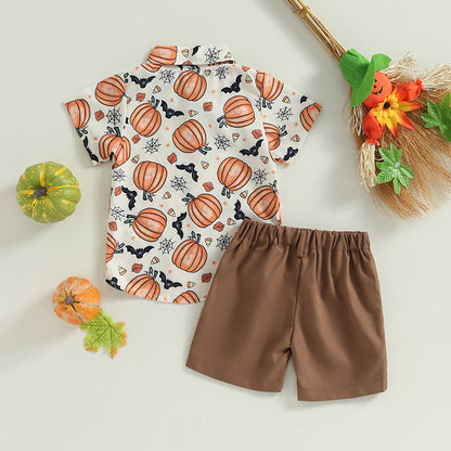 2-Piece Halloween Outfits! Boy’s Short Sleeve Pumpkin Sweatshirt & Shorts Sets