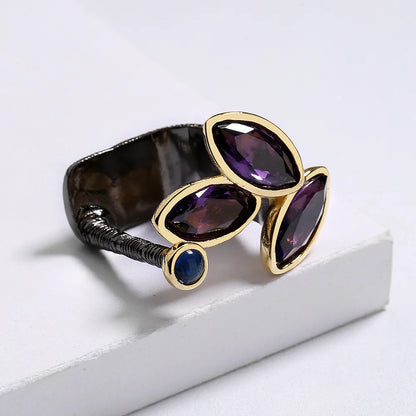 3-piece Purple Amethyst Zircon Black & Gold Style Rings, Necklace & Earrings Sets