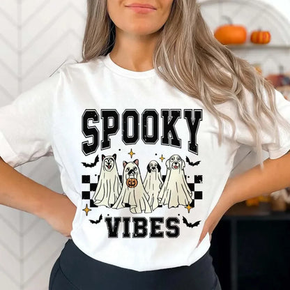 Halloween Tees! Womens Spooky Vibes Ghost Print T-Shirts