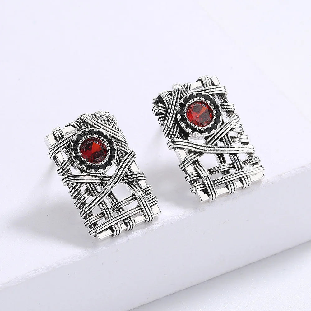 Earrings Vintage Silver Red Zircon Earrings