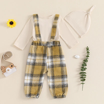 2-Piece Fall Outfits! Boy’s Long Sleeve Onesies, Suspender Pants, Bow-Tie & Hat Sets