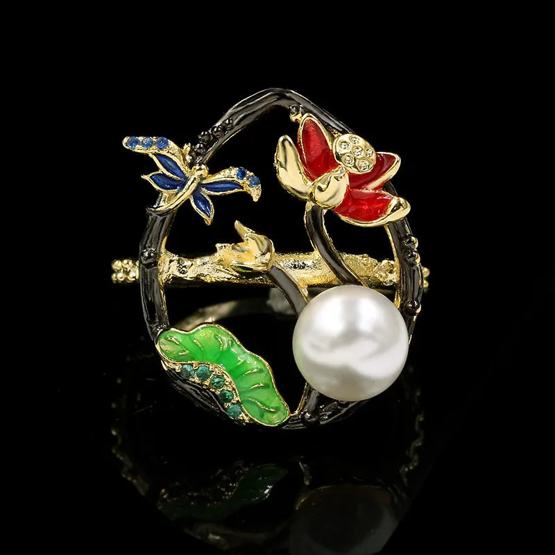 Pearl & Enamel Butterfly Black & Gold Series Rings