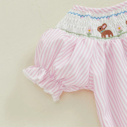 Girl's Embroidered Easter Bunny Stripe Rompers