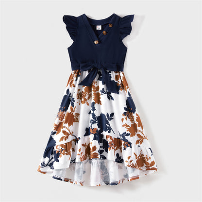 Family Matching! Ribbed T-shirts & Flutter-Sleeve Floral Dresses