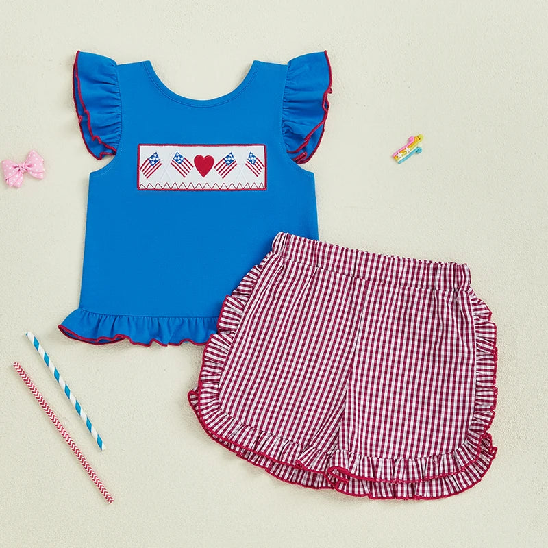 Girl's 2-Piece Embroidered 4th of July Fly Sleeve Tops & Plaid Ruffled Shorts Sets
