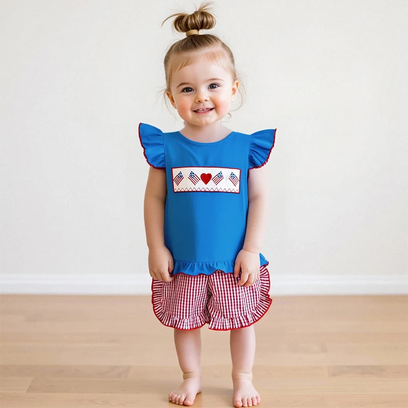 Girl's 2-Piece Embroidered 4th of July Fly Sleeve Tops & Plaid Ruffled Shorts Sets