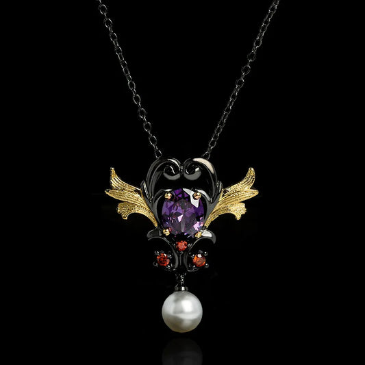 Black & Gold Style Two-Necklace with Purple Zircon Pearl Pendant Love Necklace Chain