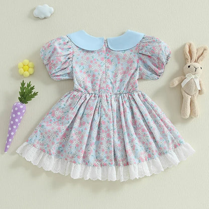 Girl's Floral Rabbit Embroidered Lace Ruffled Easter Dresses