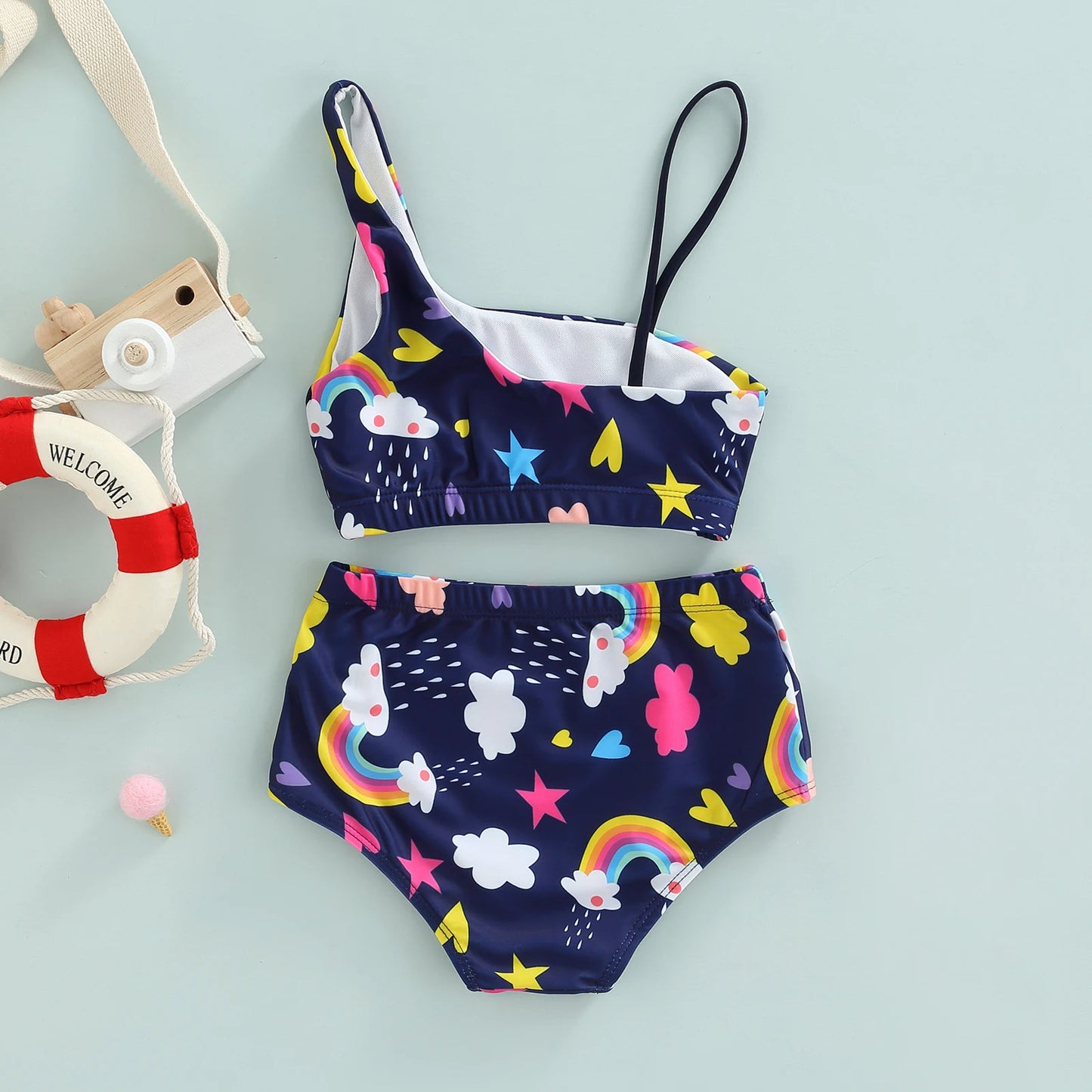 Kids Girls Swimsuits Rainbow Print Sleeveless Crop Tops Briefs Bathing Suit Swimwear Clothes