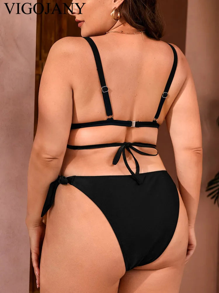 Black Strapped 2 Piece Plus BikiniWomen High Waist Hollow Swimsuit Backless Bathing Suit