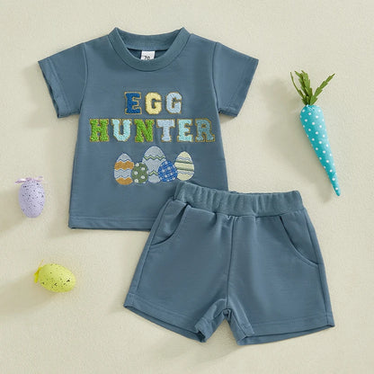 Boy's Easter Shorts Embroidered Eggs T-shirt & Shorts