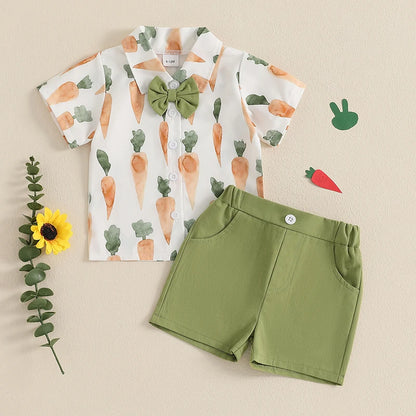 Boy's Easter Carrot Button-up Bow Tie Shirt & Shorts