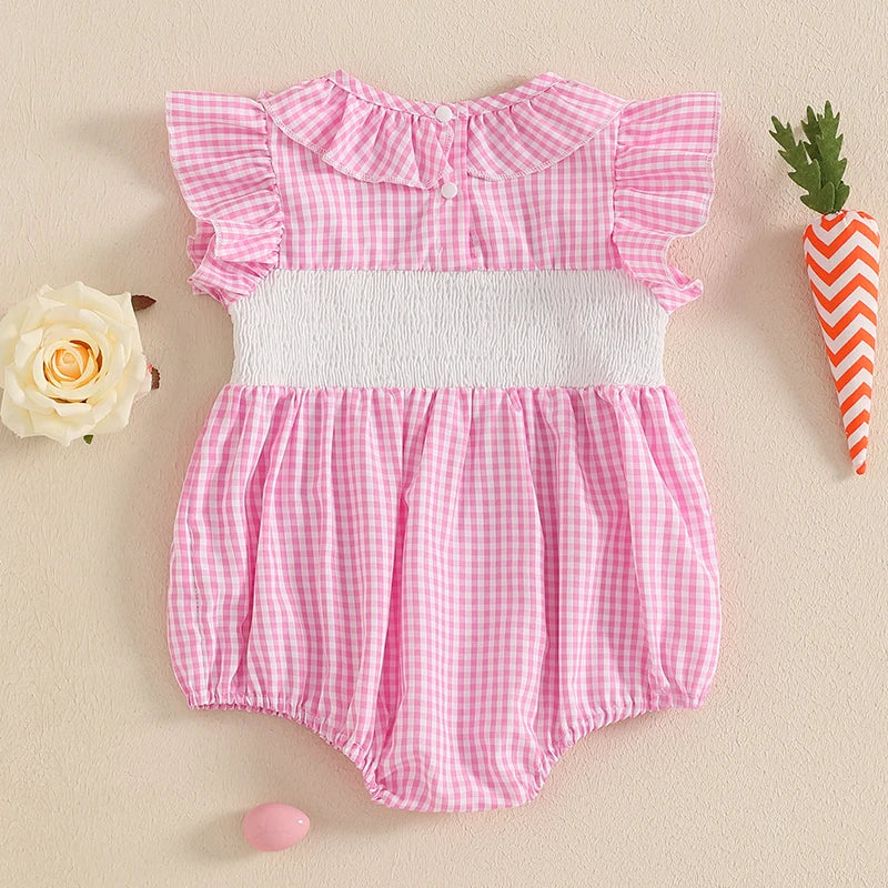 Girl's Embroidered Easter Bunny Plaid Ruffled Rompers