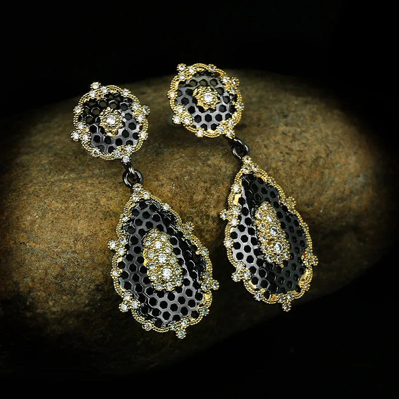 Black & Gold Style Zircon Drop Pendant Earrings