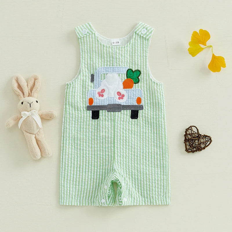 Girl's & Boy's Striped Embroidered Easter Bunny, Truck, Carrot Overall Jumpsuits