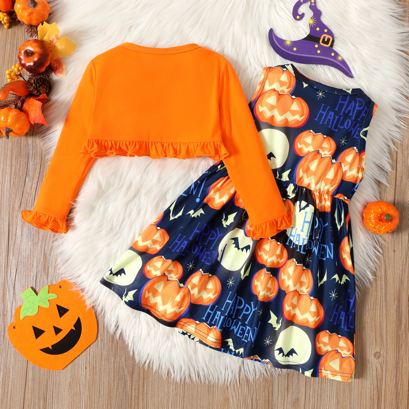 2-Piece Toddler Girl's Sleeveless Halloween Pumpkin Dress & Matching Ruffled Cardigan Set