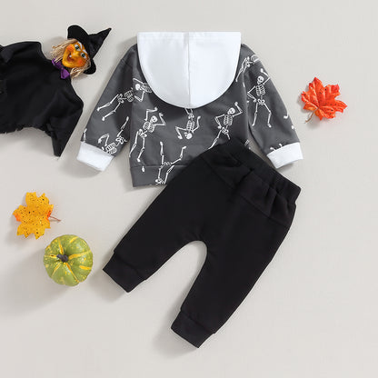 2-Piece Halloween Outfits! Boy’s Long Sleeve Hooded Skeleton Sweatshirts & Pants Sets