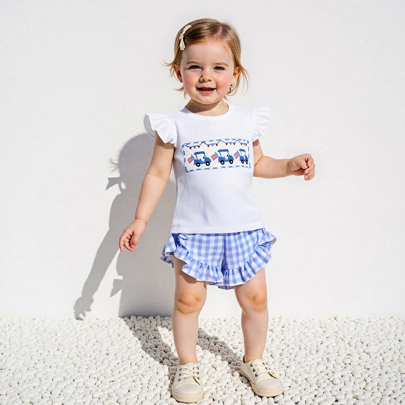 Girl's 2-Piece Embroidered 4th of July Fly Sleeve Golf Cart Top & Ruffled Plaid Shorts Sets