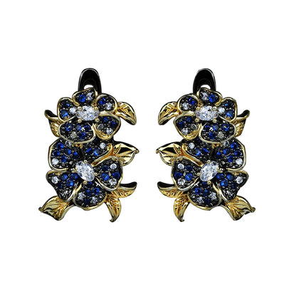 2-Piece Black & Gold Style Zircon Flower Ring & Earrings Sets