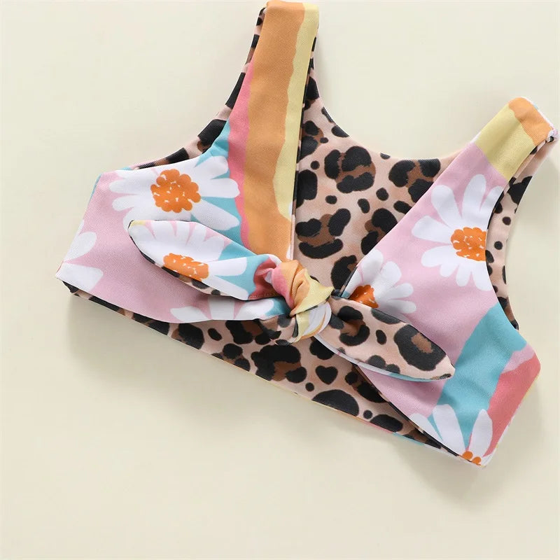 Kids Girl Swimsuits Rainbow Leopard Print Sleeveless Tops & Beach Shorts Set Swimwear Clothes