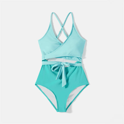 Family Matching! Swimsuit Color Block Self Tie One-piece Swimsuit & Swim Trunks