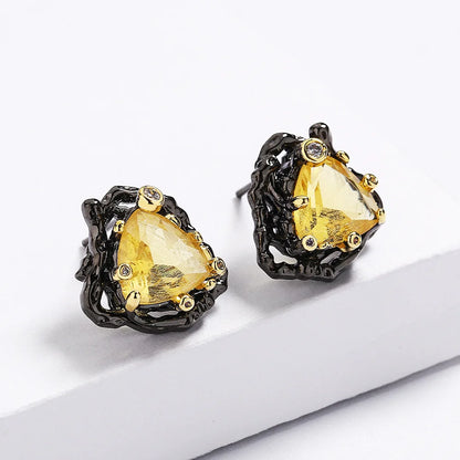 Delicate Yellow Triangle Zircon Black & Gold Style Earring