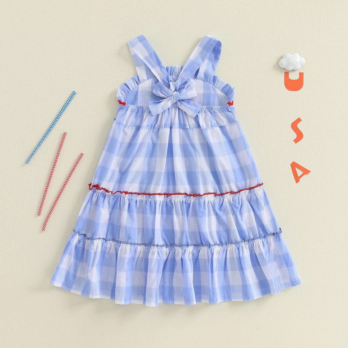 Girl's Plaid Embroidered USA 4th of July Dresses