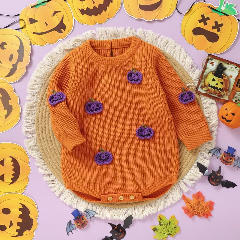 Halloween Outfits! Girl's & Boy's Embroidered Pumpkin Knit Sweater Onesie