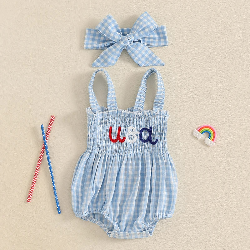 Girl's 2-Piece Embroidered July 4th Rompers & Bow Head Band Sets