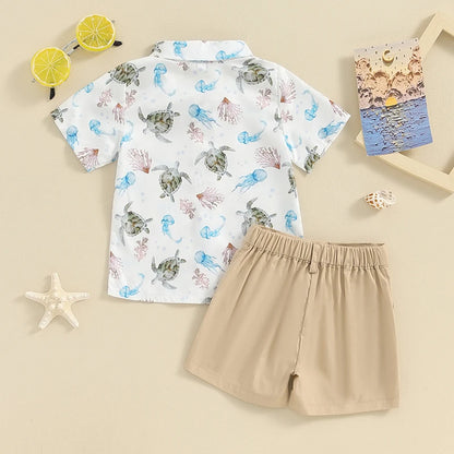 2-Piece Outfits! Boy's Rabbit & Ocean Print Button-Up Bow-Tie Collar Shirts  & Shorts Sets