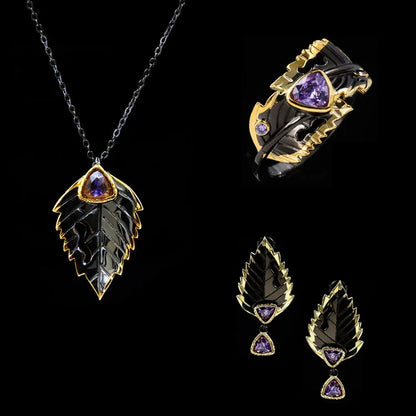 3-piece Black & Gold Style Leaf Rings, Necklace & Earrings Sets