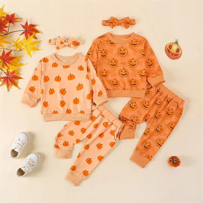 3-Piece Halloween Outfits! Girl’s Long Sleeve Pumpkin Sweatshirt, Pants & Headband Sets