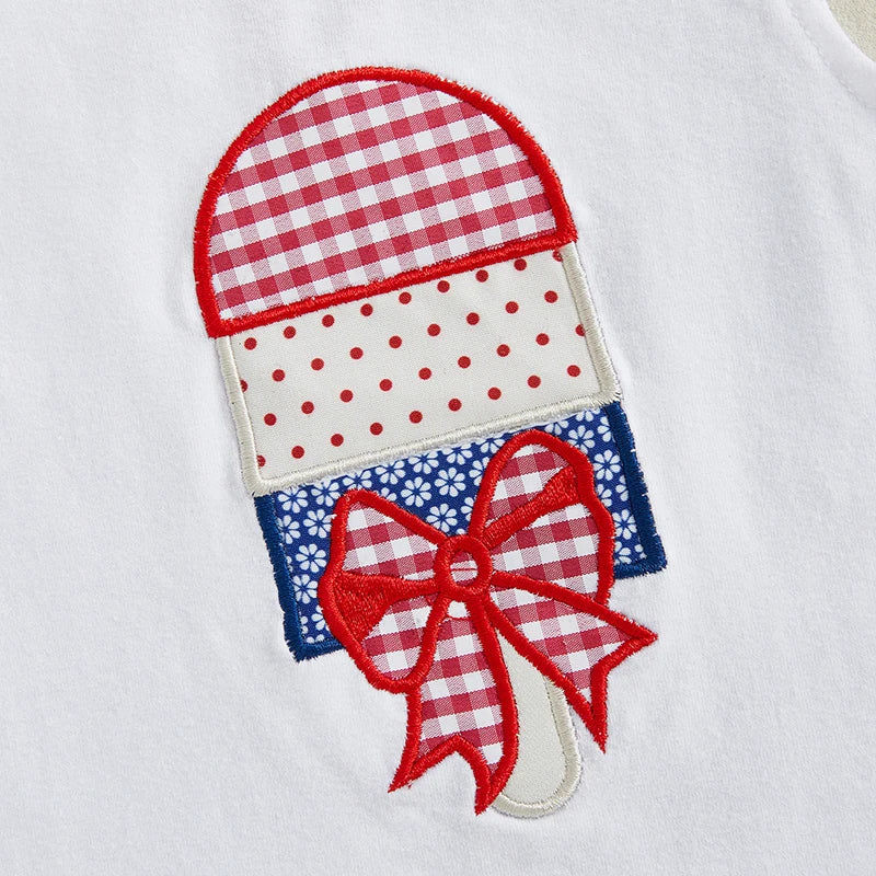 Girl's 2-Piece Embroidered 4th of July Fly Sleeve Popsicle Top & Plaid Shorts Sets