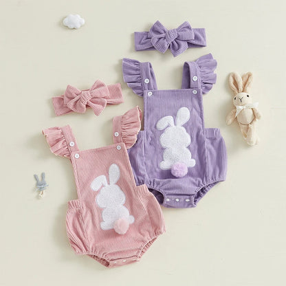 Girl's Fly Sleeve Embroidered Easter Bunny Romper & Headband Sets