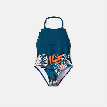 Family Matching! Plant Print Scallop Edge Spliced One-piece Swimsuit & Swim Trunks