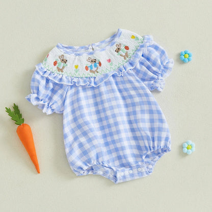 Girl's Plaid Easter Bunny Carrot Shirred Rompers