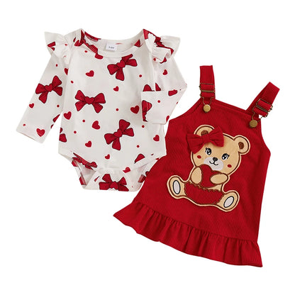 Girl's  2-Piece Bow Heart Onesie & Teddybear Corduroy Suspender Dress Sets