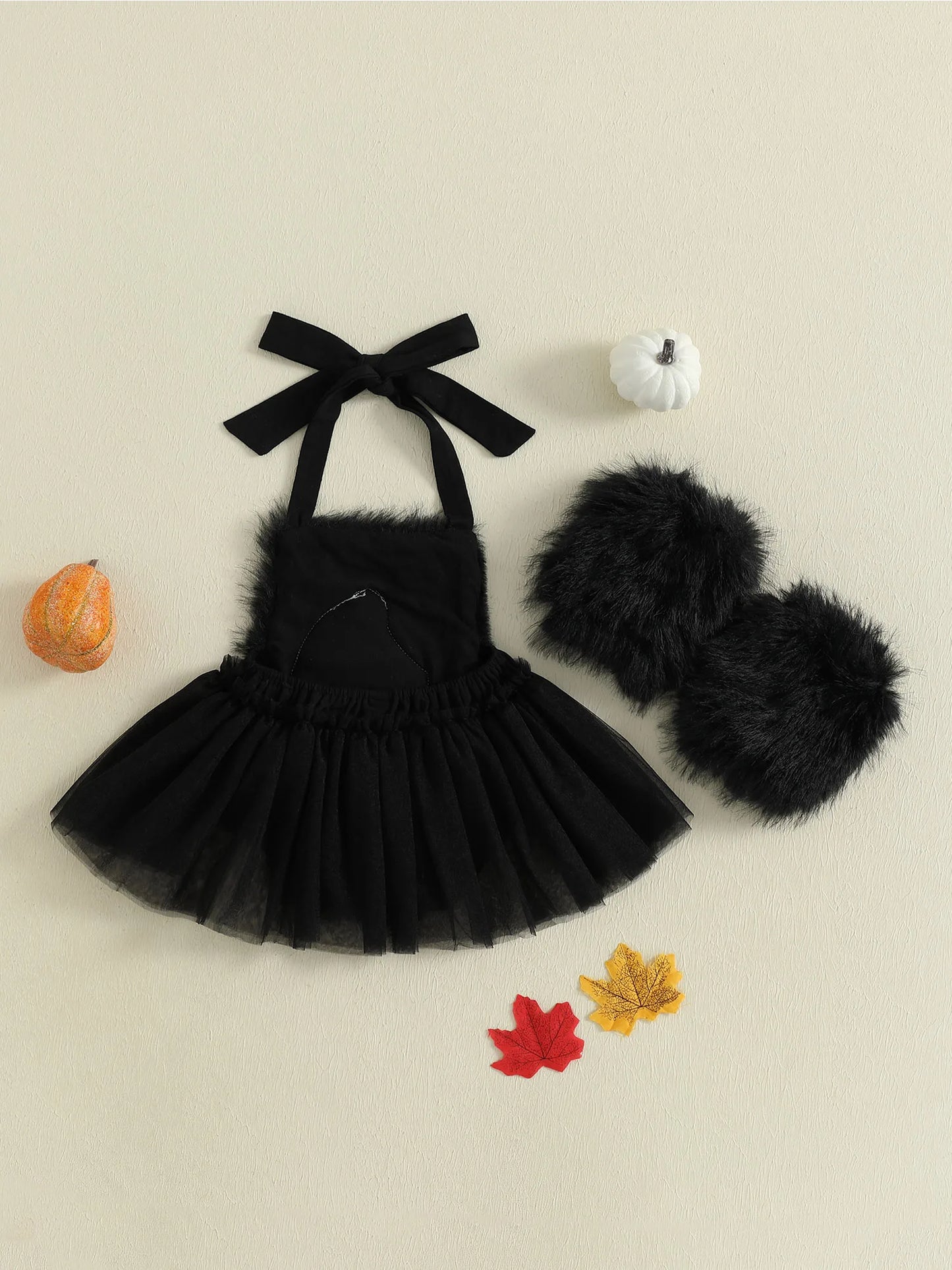 2-Piece Baby Girl's Furry Ghost Embroidered Halloween Halter Dresses with Leg Warmers