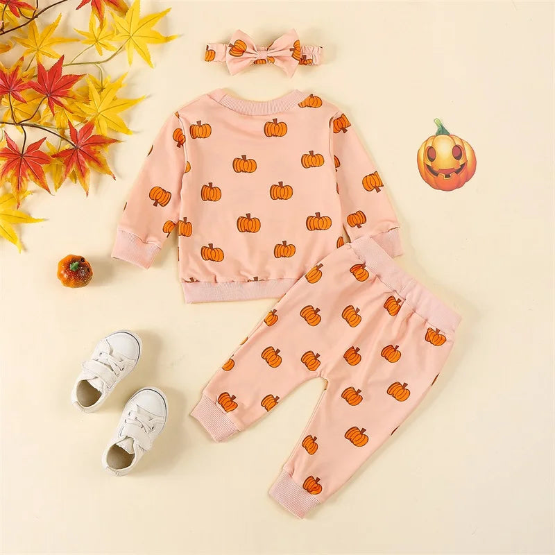 3-Piece Halloween Outfits! Girl’s Long Sleeve Pumpkin Sweatshirt, Pants & Headband Sets