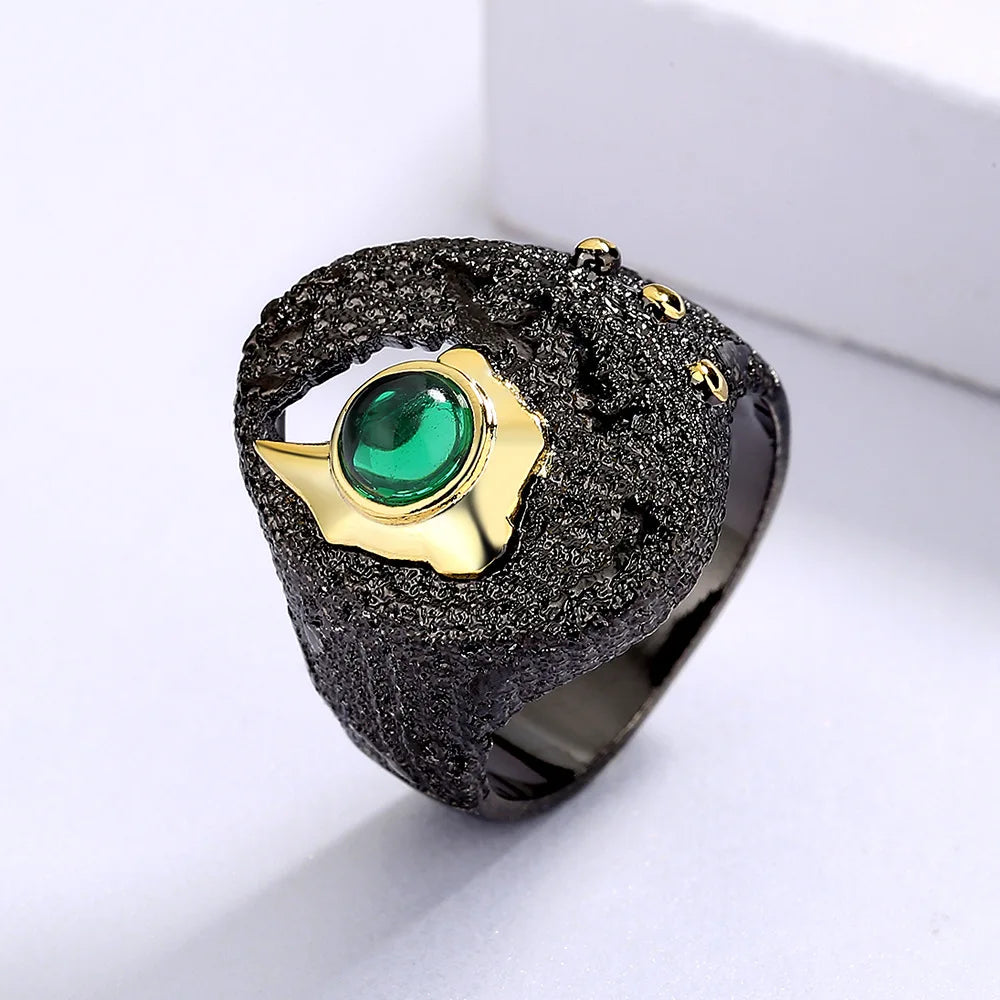 Ring Black & Gold Style Rings with Green Zircon Rings Gold