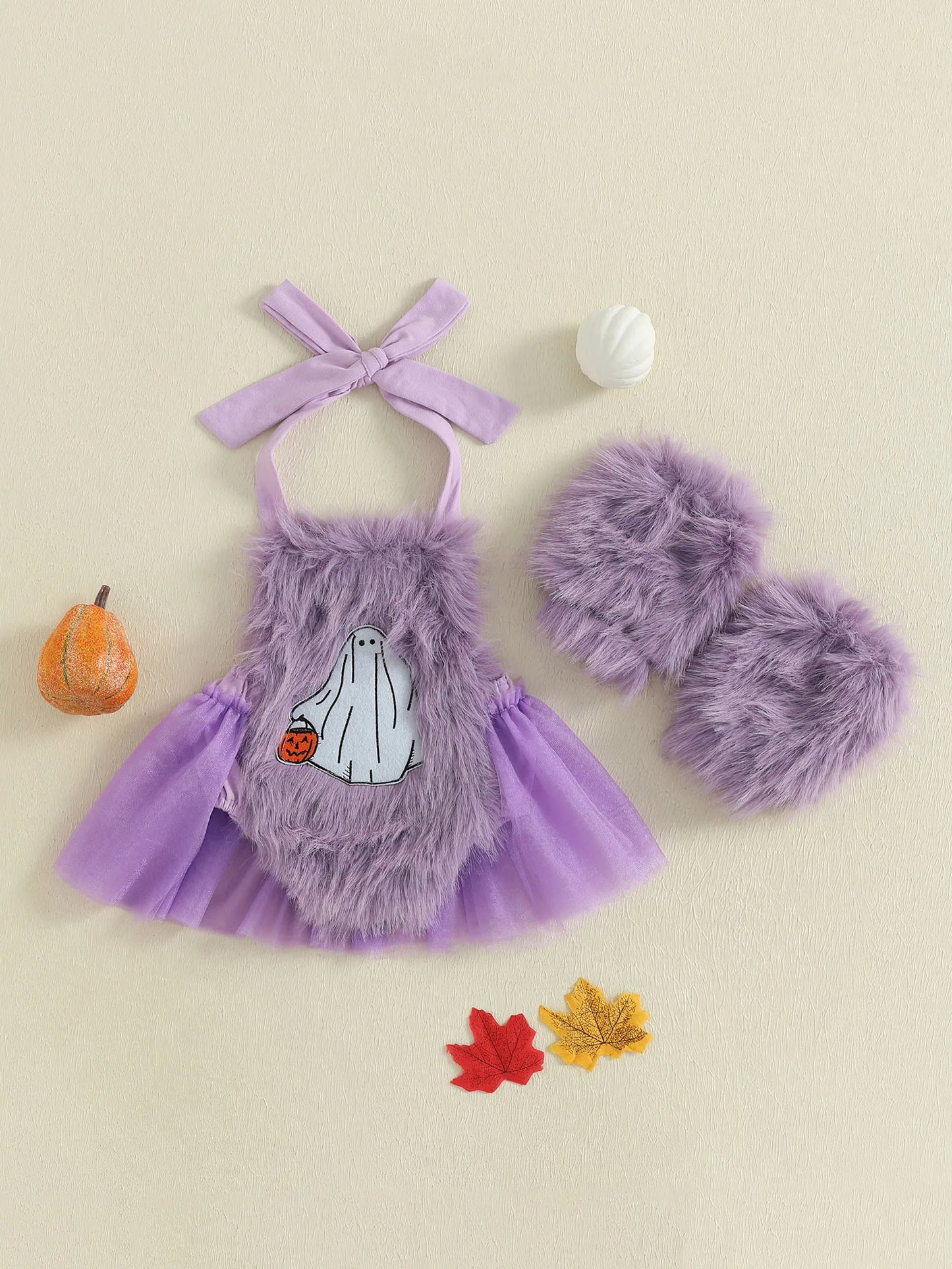 2-Piece Baby Girl's Furry Ghost Embroidered Halloween Halter Dresses with Leg Warmers
