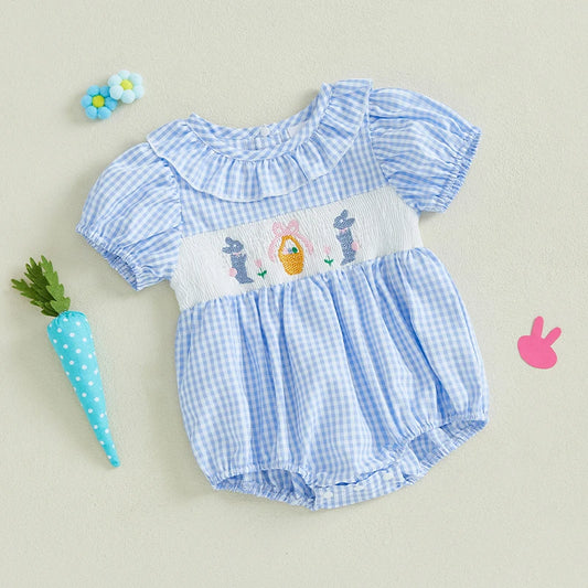 Girl's Embroidered Easter Bunny Ruffled Rompers