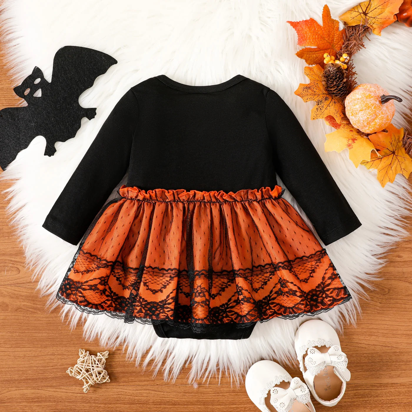 Girls Halloween Long Sleeve Bowknot Mesh Skirt Romper