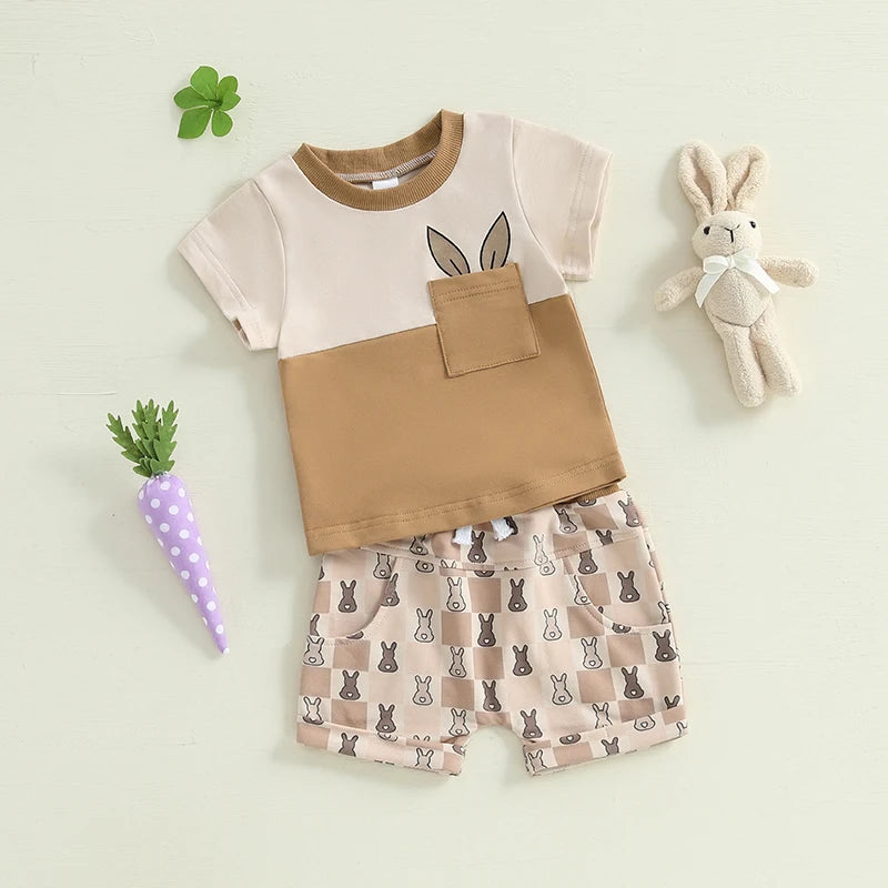 Boy's Easter Contrast Color T-Shirt & Bunny Plaid Shorts Set