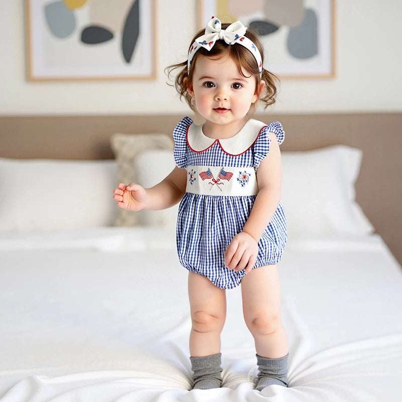 Girl's Embroidered 4th of July Plaid Doll Collar Rompers