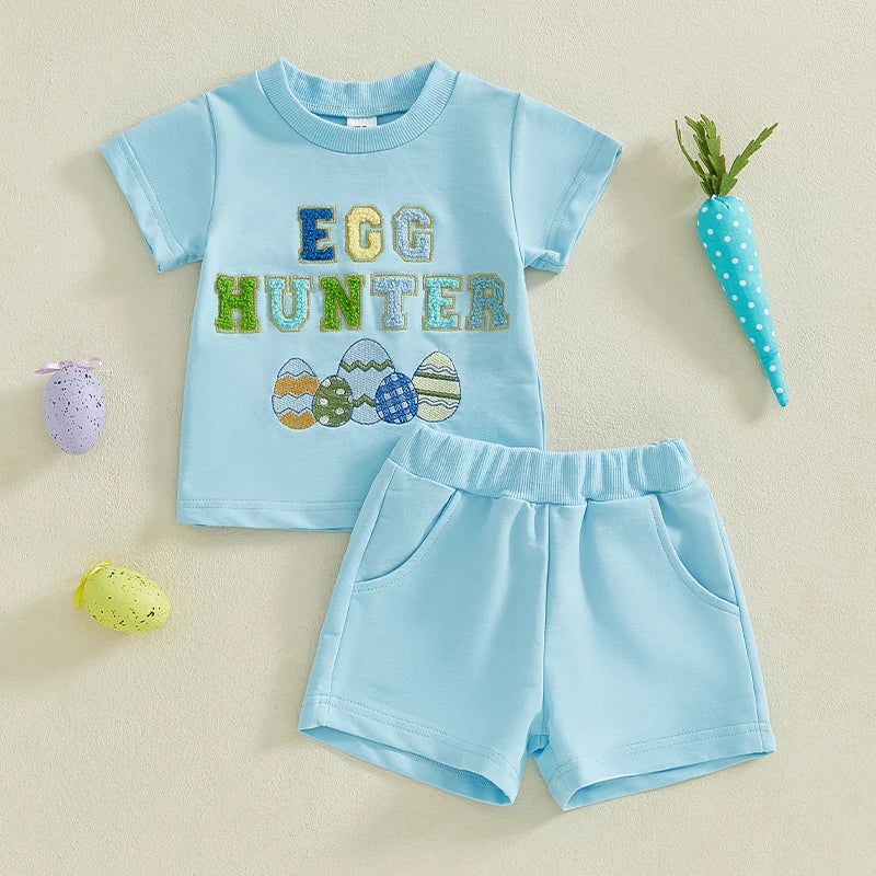 Boy's Easter Shorts Embroidered Eggs T-shirt & Shorts