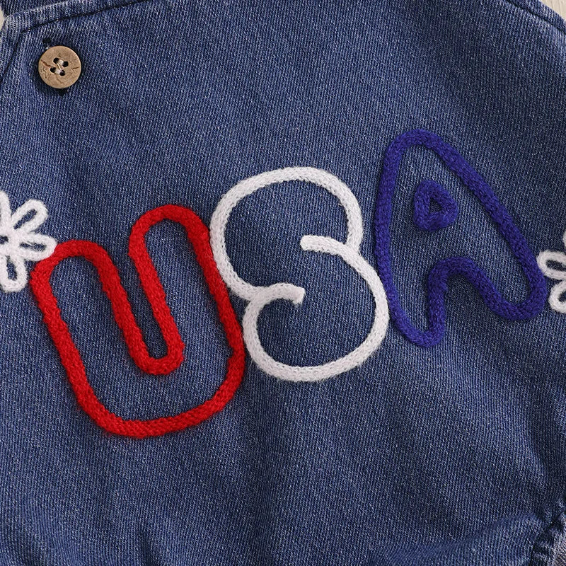 Girl's Embroidered USA 4th of July Overall Rompers