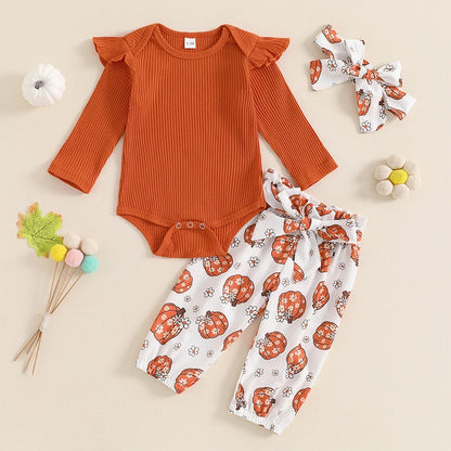 Girl's Floral Pumpkin Onesies, Pants & Bow Headband Sets